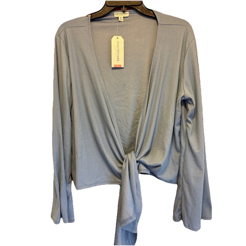 Earthbound Trading Women's M‎ Ribbed Wrap Cardigan Heather Blue Bell Sleeve New